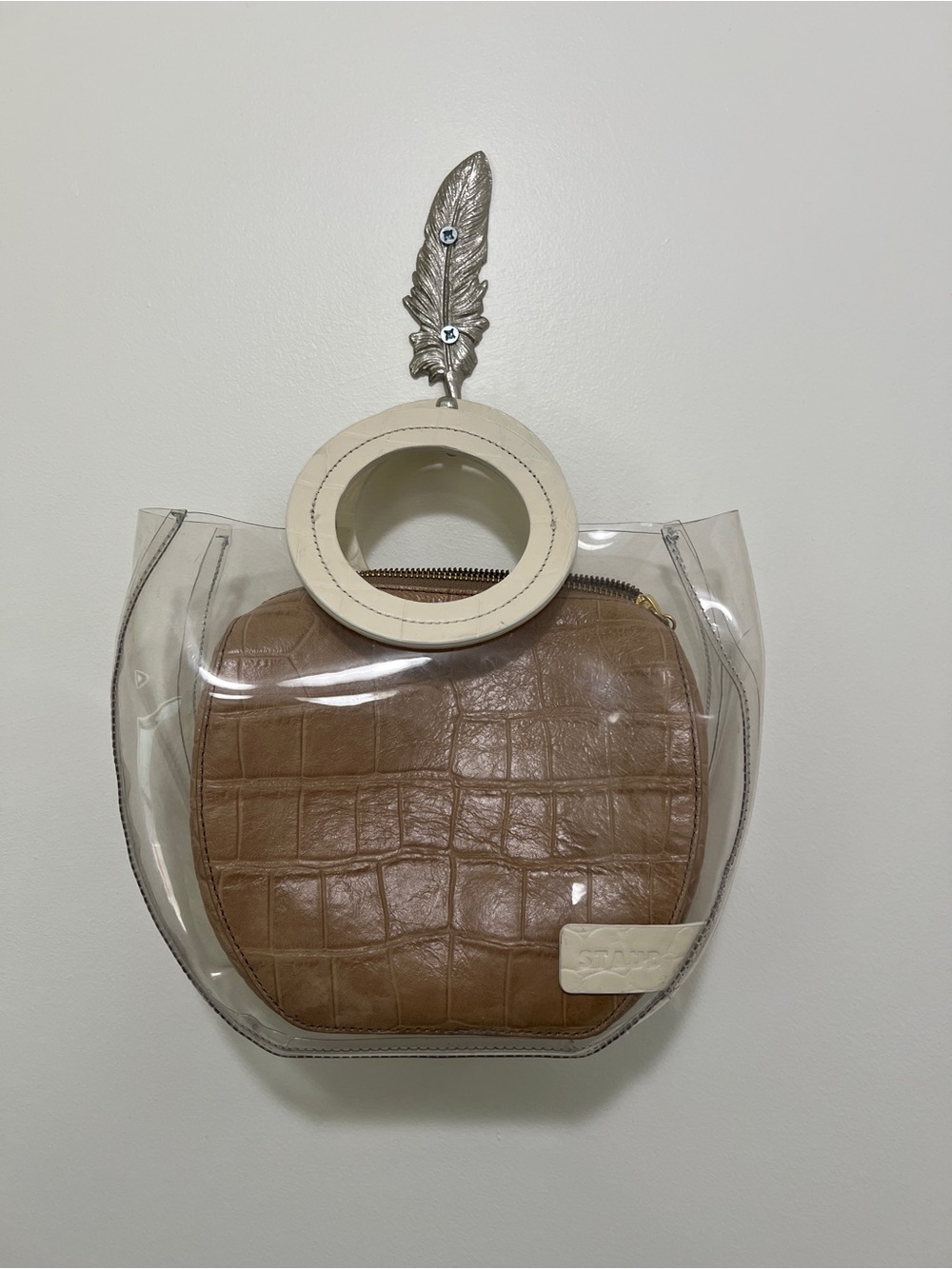 STAUD Clear Tote with Tan Croc Pouch and White Round Handles - Picture 5 of 13